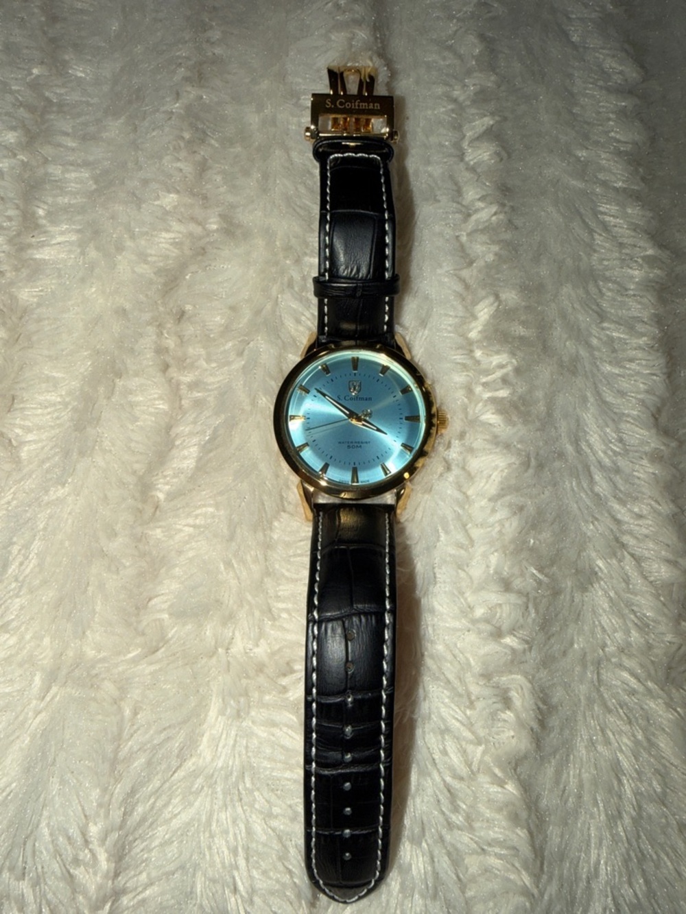 S. Coifman Men's Gold Case Watch with Blue Dial and Black Leather Strap